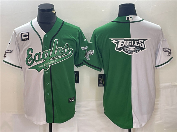 Men's Philadelphia Eagles Green/White Split Team Big Logo With 3-star C Patch Cool Base Stitched Baseball Jersey